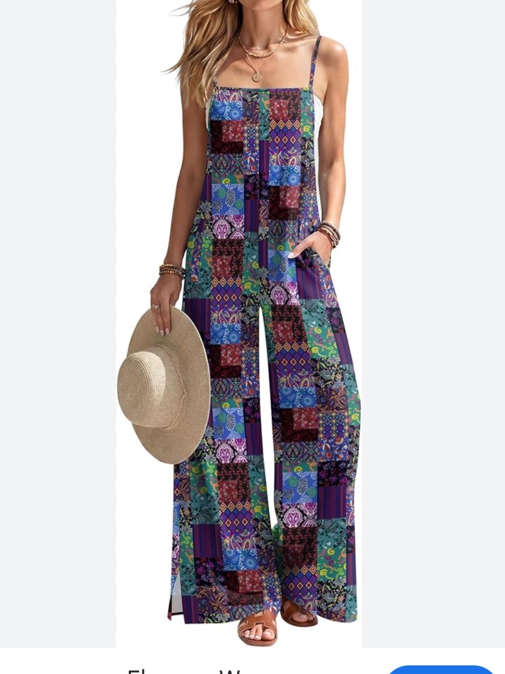 Ekouaer NWT L Patchwork Print Wide-Leg Jumpsuit - Purple Multi